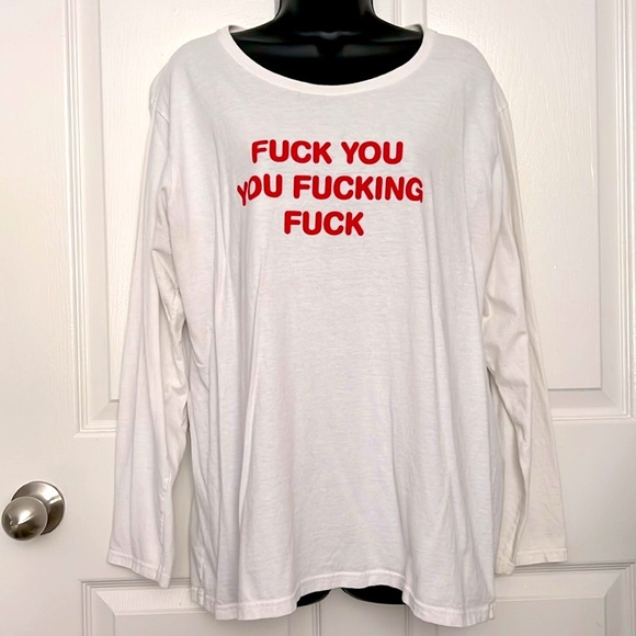 GILDAN 🖕🏾 WHITE/RED HEAVY COTTON LONG SLEEVE “F**K YOU…” FUNNY TSHIRT Men XXL 2X - Picture 1 of 7